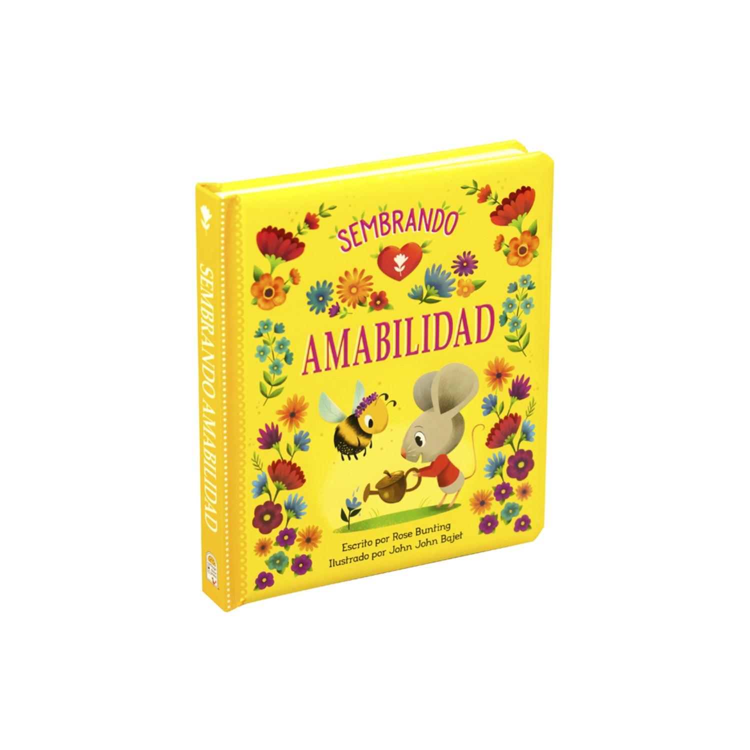 Libro de actividades amarillo con ilustraciones de abeja y ratón en la portada