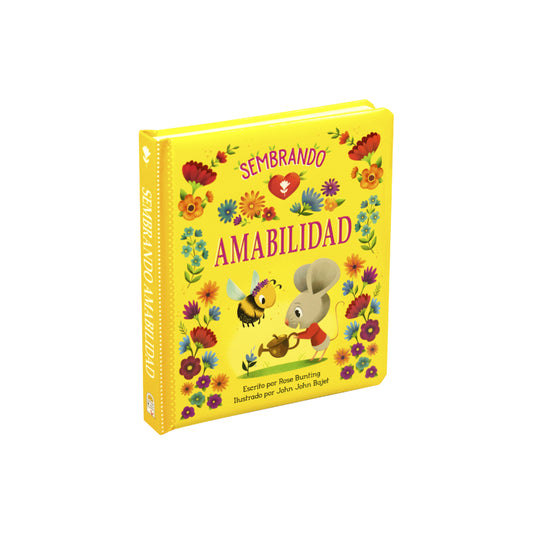 Libro de actividades amarillo con ilustraciones de abeja y ratón en la portada