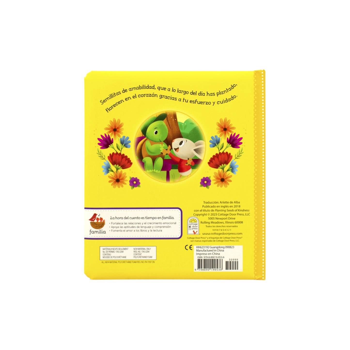libro de actividades amarillo con ilustraciones de animales y flores, vista trasera
