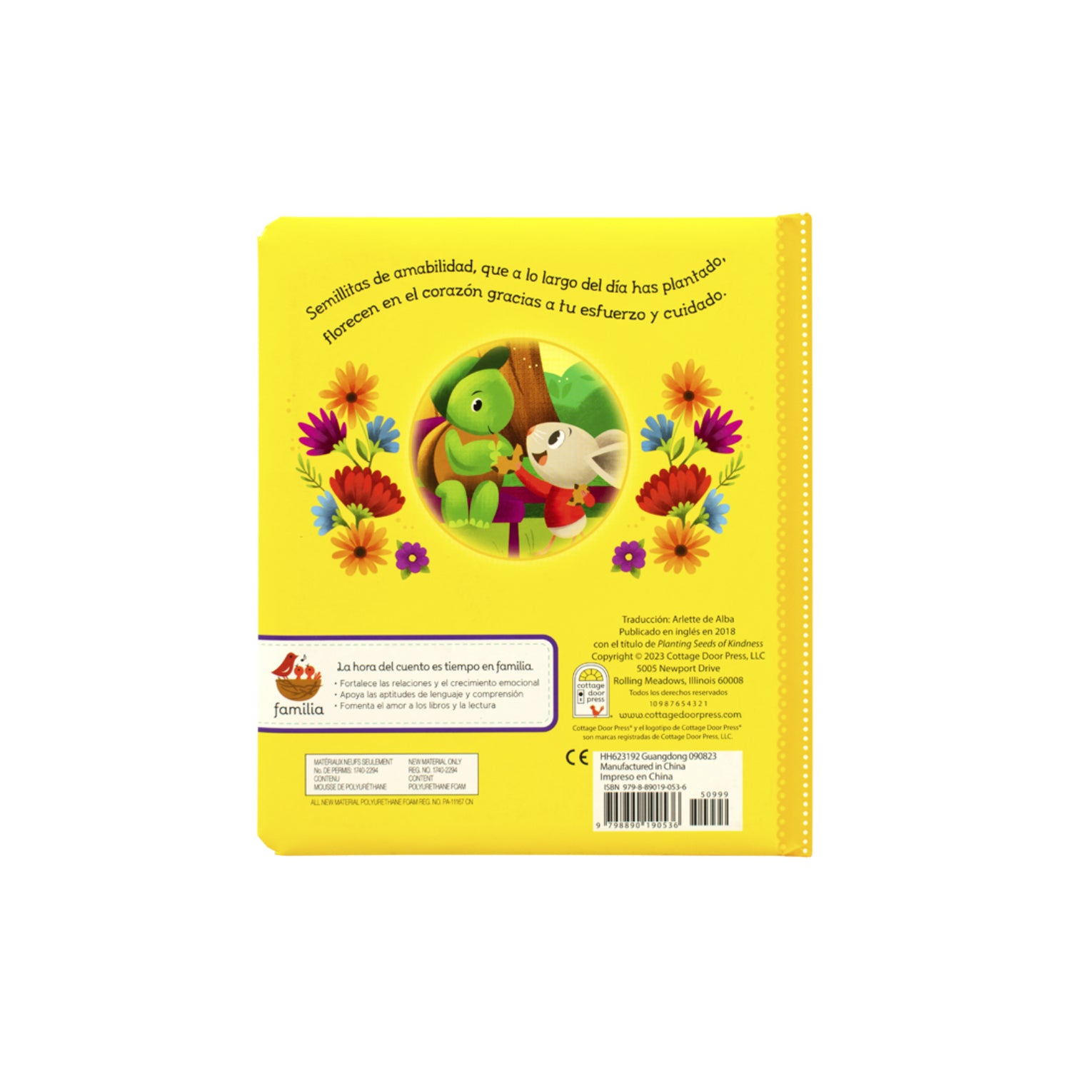 libro de actividades amarillo con ilustraciones de animales y flores, vista trasera