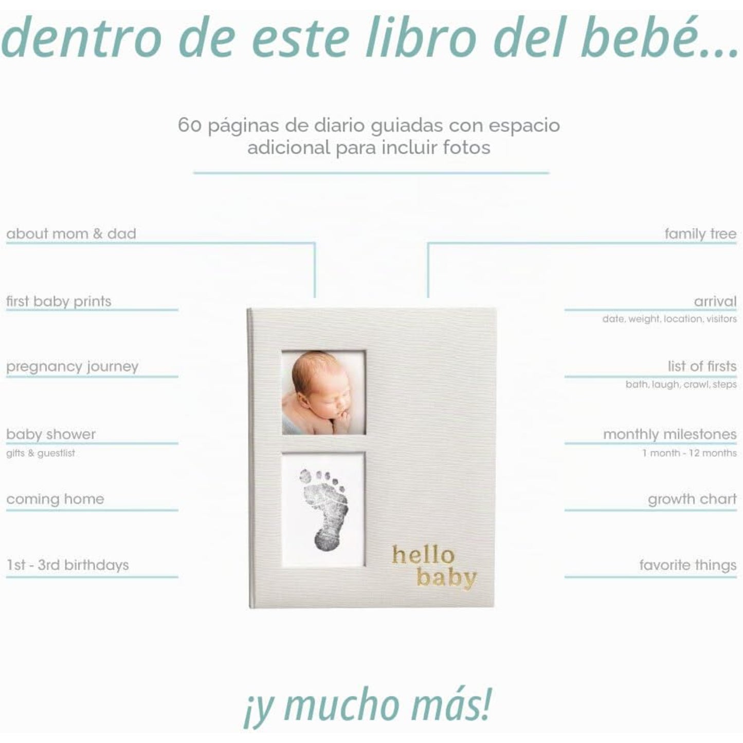 Libro del bebé Hello Baby blanco con espacio para fotos y páginas guiadas