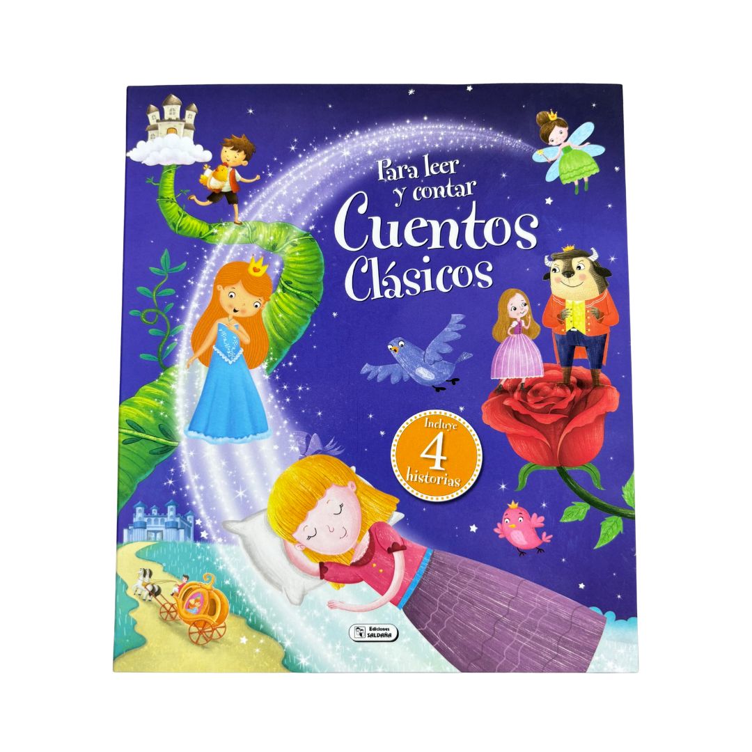 Libro infantil de cuentos clásicos, portada colorida con personajes de cuentos