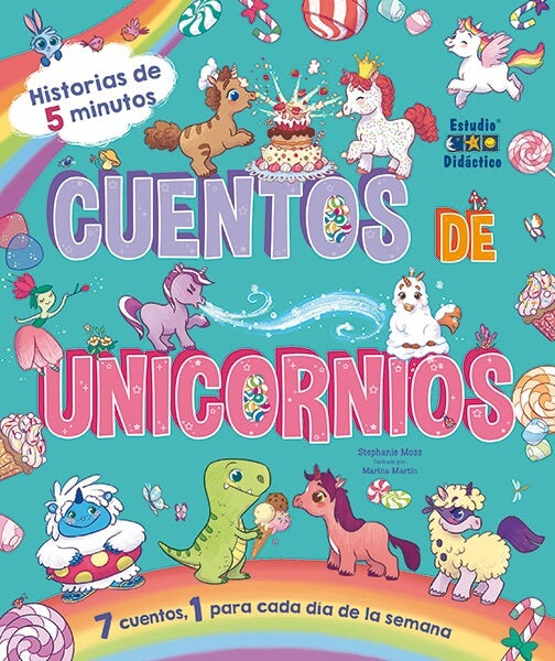 libro infantil Cuentos de Unicornios colorido, portada con ilustraciones divertidas y temática mágica