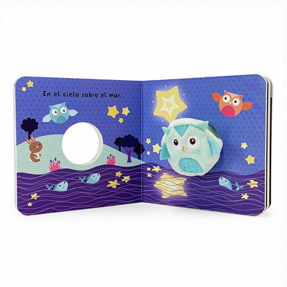 libro infantil colorido con ilustraciones de animales y estrellas en la noche