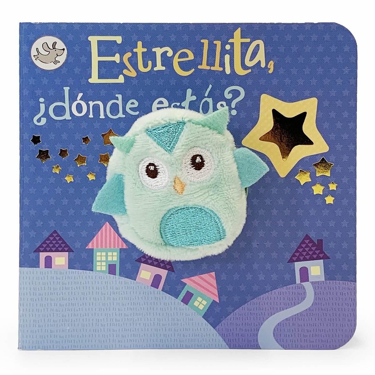 libro infantil con ilustraciones y muñeco de búho, color azul y amarillo
