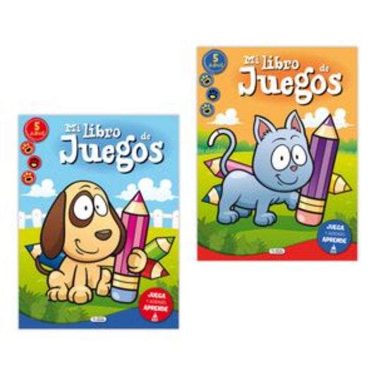 Libros infantiles de juegos, color azul y naranja, con dibujos de animales y actividades educativas