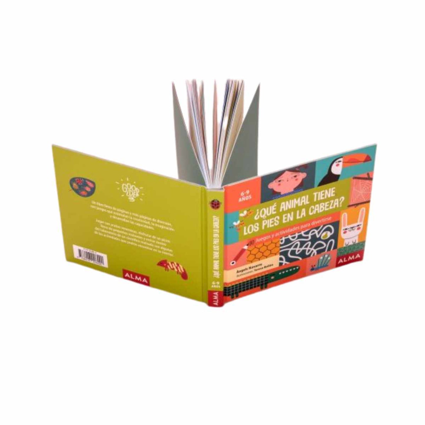 libro infantil colorido abierto con ilustraciones de animales y preguntas divertidas