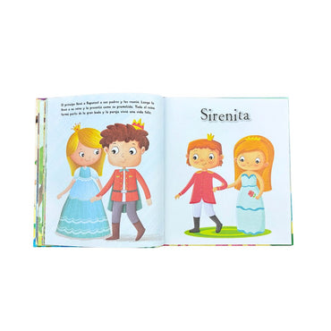 Libro infantil, páginas ilustradas con personajes de cuentos, vista abierta