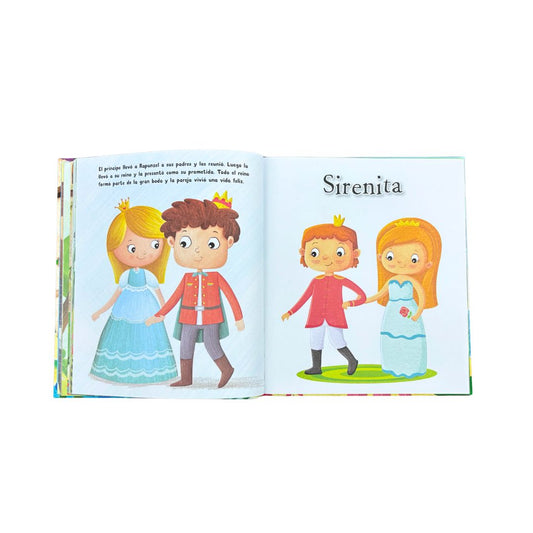 Libro infantil, páginas ilustradas con personajes de cuentos, vista abierta