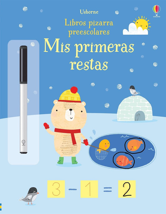 Libro infantil 'Mis primeras restas' con ilustraciones y pizarra blanca