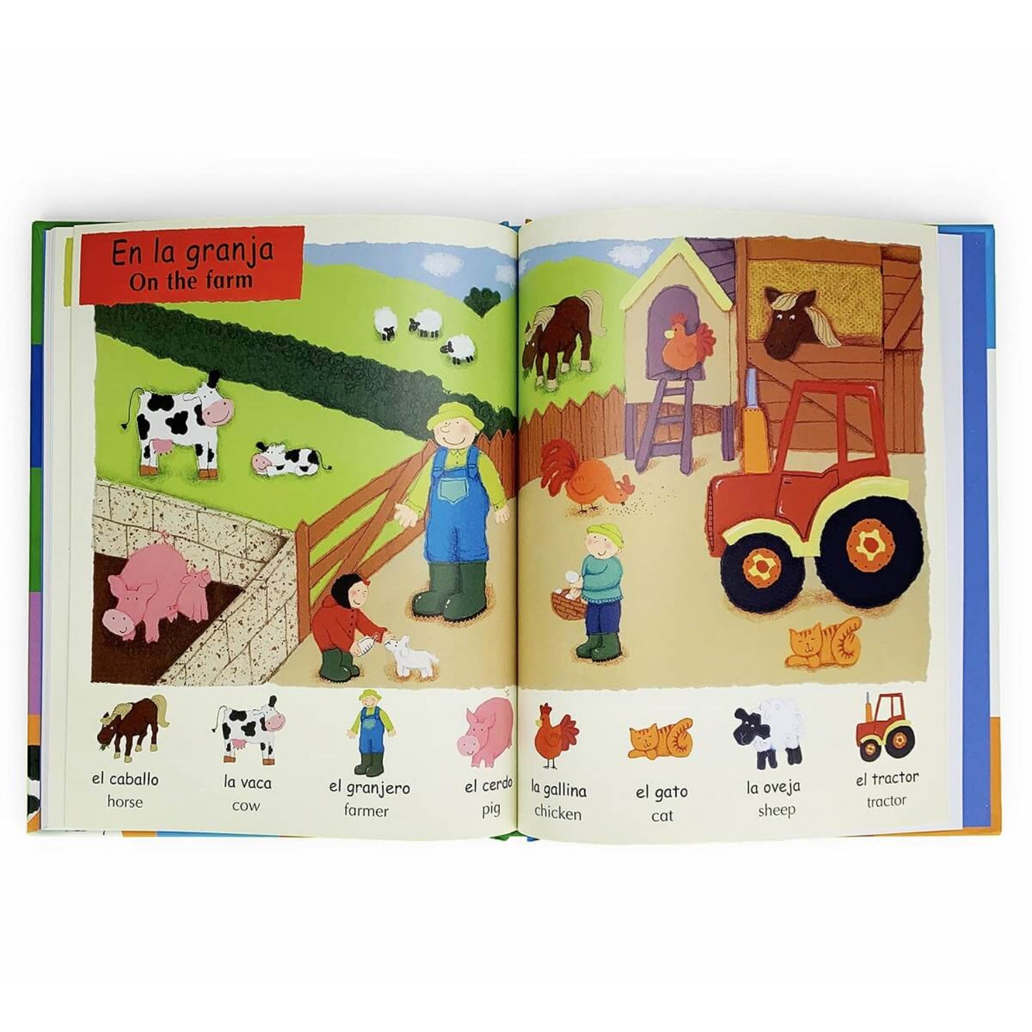 Libro infantil ilustrado sobre granja, con colores y personajes, enseñanza de animales
