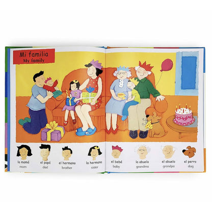 Libro colorido sobre la familia, ilustraciones infantiles y vocabulario básico