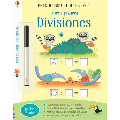 Libro de divisiones pizarra mágica, colorido, vista frontal, ideal para niños a partir de 8 años