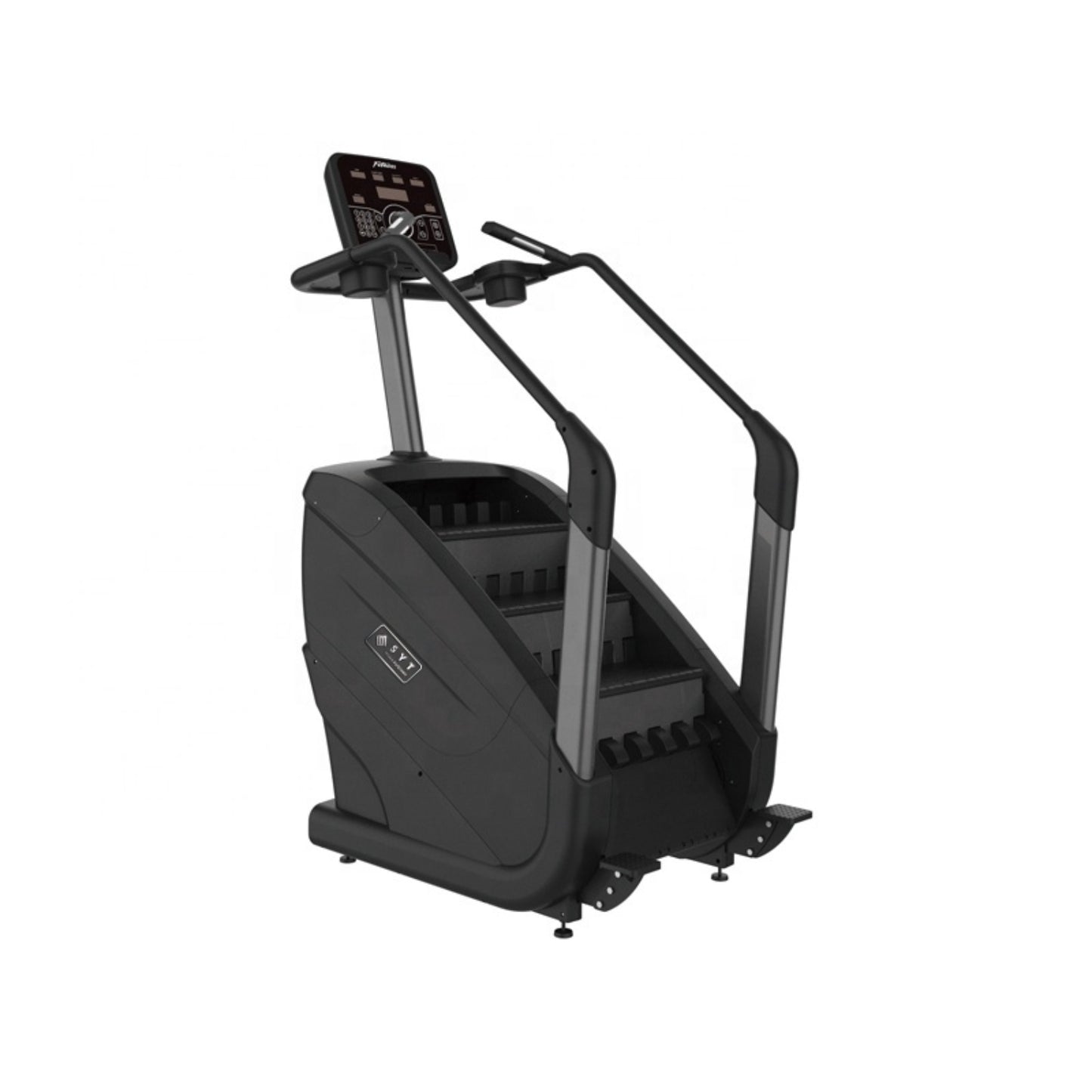 Máquina de escaleras negra, vista lateral, ideal para entrenamiento cardiovascular