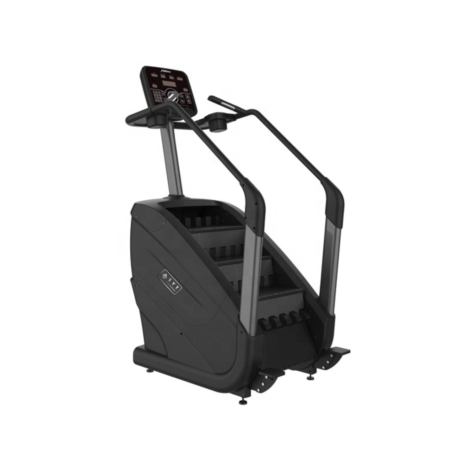 Máquina de escaleras negra, vista lateral, ideal para entrenamiento cardiovascular