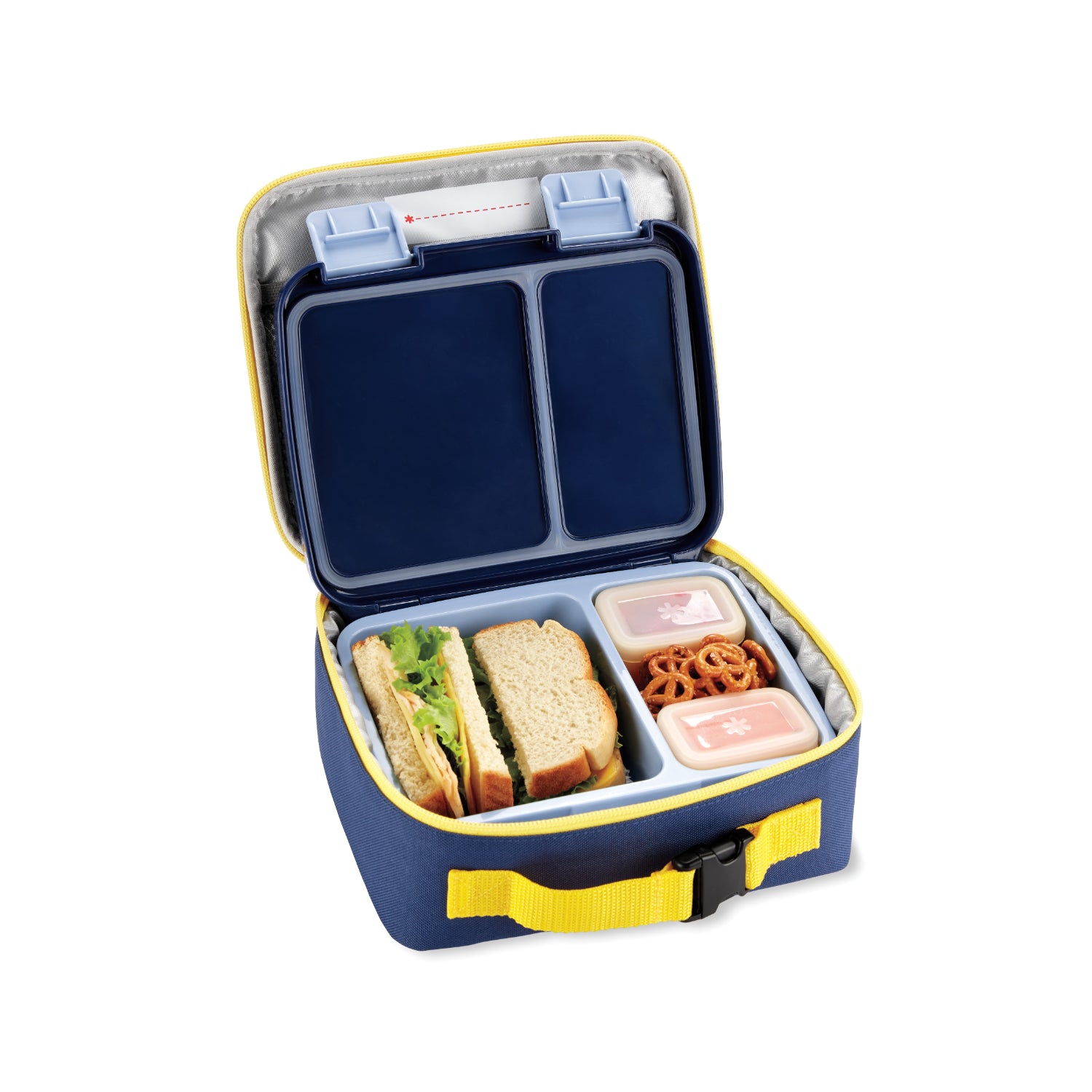 lonchera azul con sándwich y recipientes de comida, vista interior