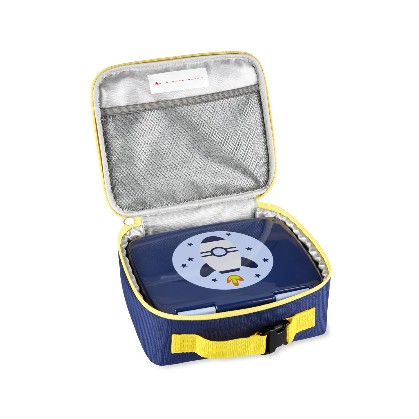 lonchera azul con exterior amarillo y diseño de minion, abierta y lista para usar