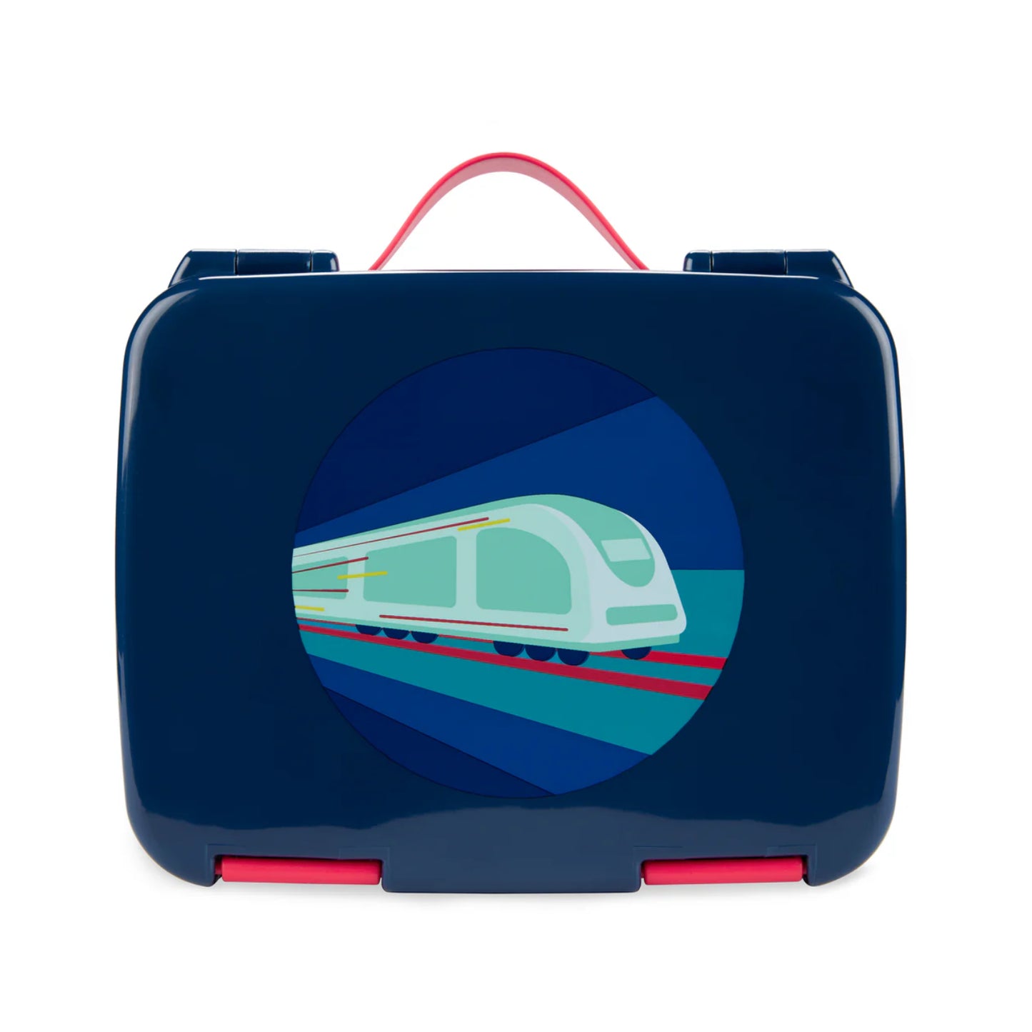 Lonchera infantil azul con diseño de tren, vista frontal, ideal para niños