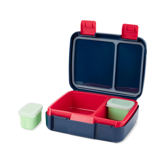 lonchera infantil azul con compartimientos rojos y verdes, vista abierta y cajas de regalo