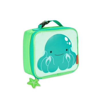 Lonchera infantil verde con diseño de pulpo, vista frontal en fondo blanco