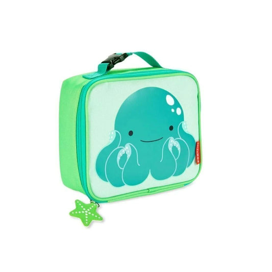 Lonchera infantil verde con diseño de pulpo, vista frontal en fondo blanco