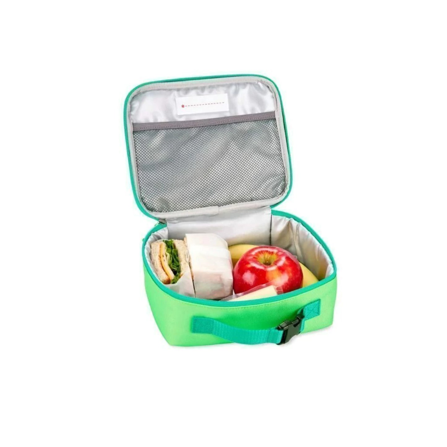 lonchera infantil verde abierta con sándwich y manzana dentro