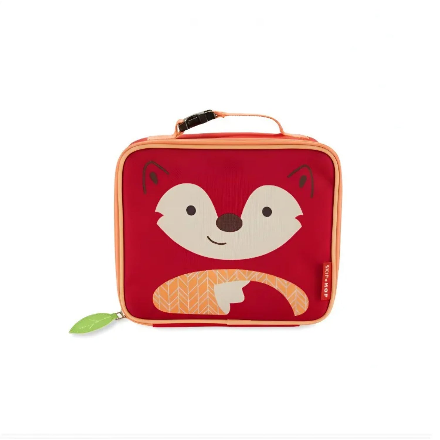 Lonchera infantil roja con diseño de mapache, vista frontal y asa de transporte