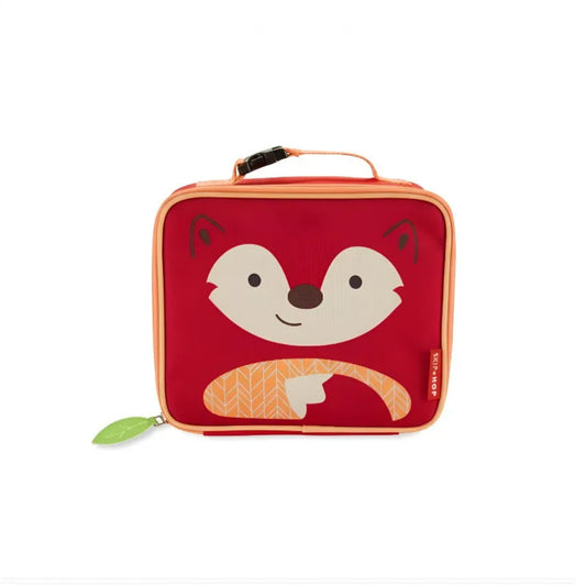 Lonchera infantil roja con diseño de mapache, vista frontal y asa de transporte