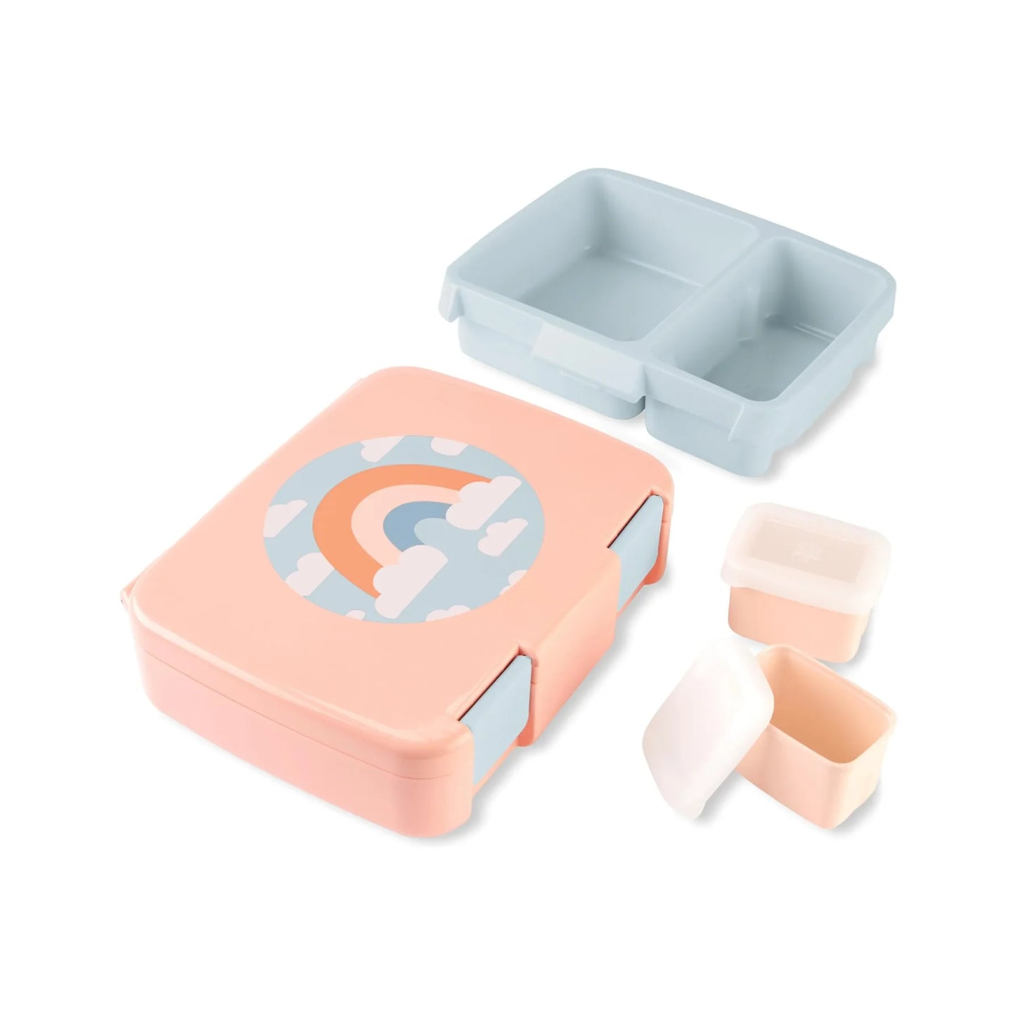 Lonchera rosa con diseño de arcoíris y compartimentos para comida