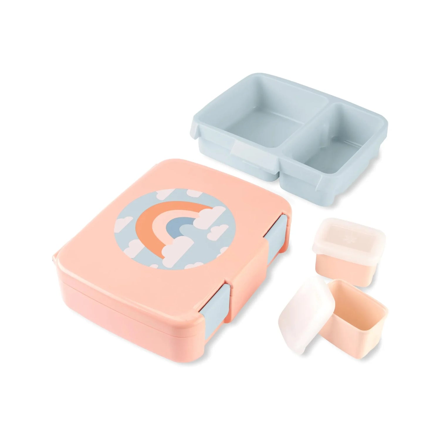 Lonchera rosa con diseño de arcoíris y compartimentos para comida