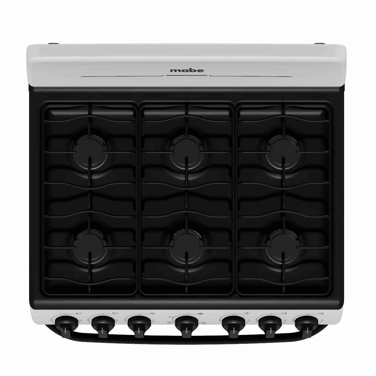 Estufa a gas MABE de seis quemadores en color blanco, ideal para cocinar en casa y comprar estufa a gas en Honduras.