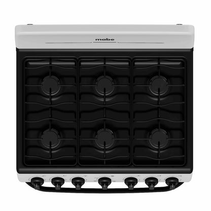 Estufa a gas MABE de seis quemadores en color blanco, ideal para cocinar en casa y comprar estufa a gas en Honduras.