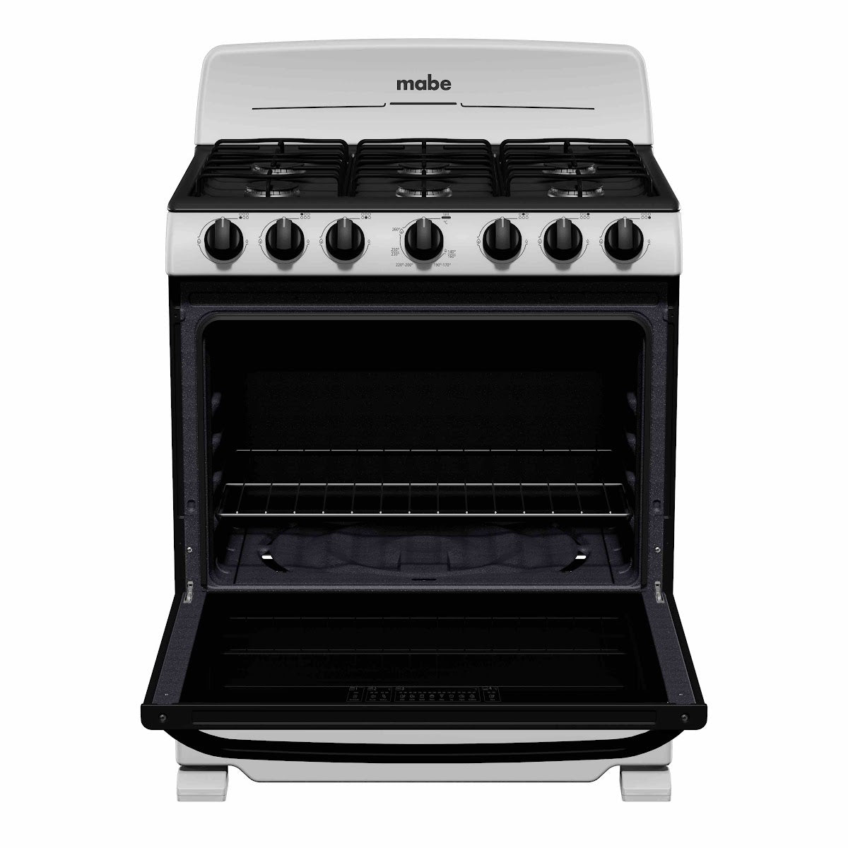 Estufa a gas MABE LL0101 blanca con cinco quemadores y horno amplio, ideal para comprar estufa a gas en Honduras