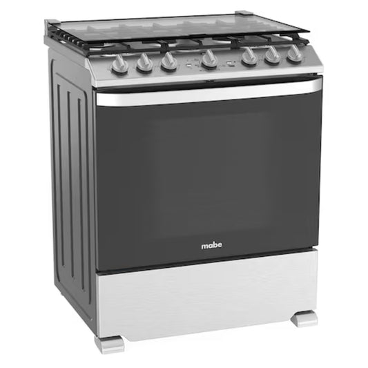 Estufa MABE de gas color gris con seis quemadores y horno frontal