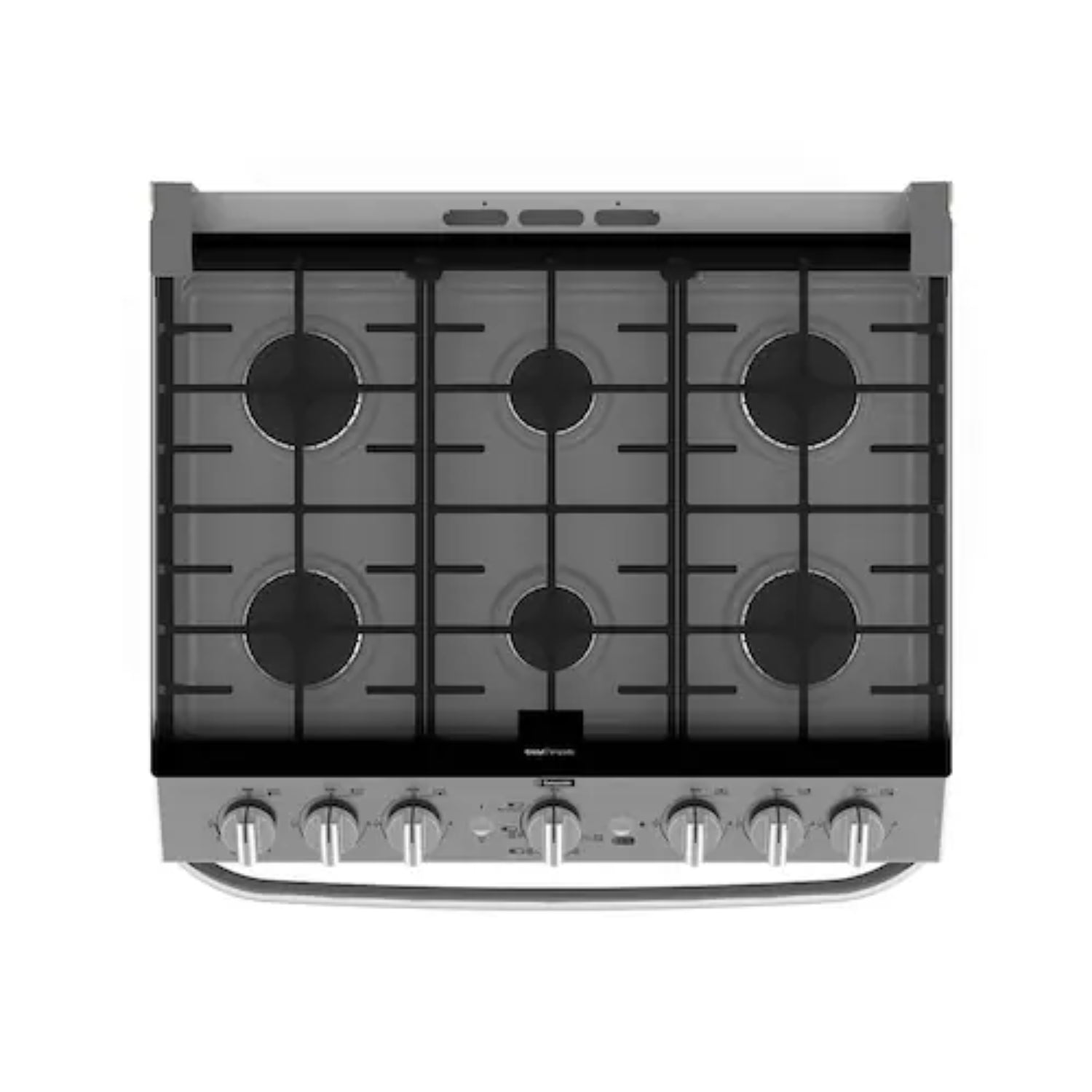 Estufa MABE gris con seis quemadores, vista superior para cocina moderna.