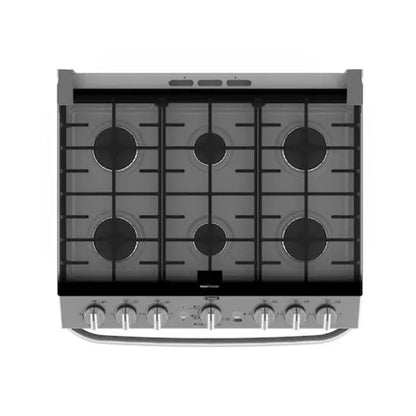 Estufa MABE gris con seis quemadores, vista superior para cocina moderna.