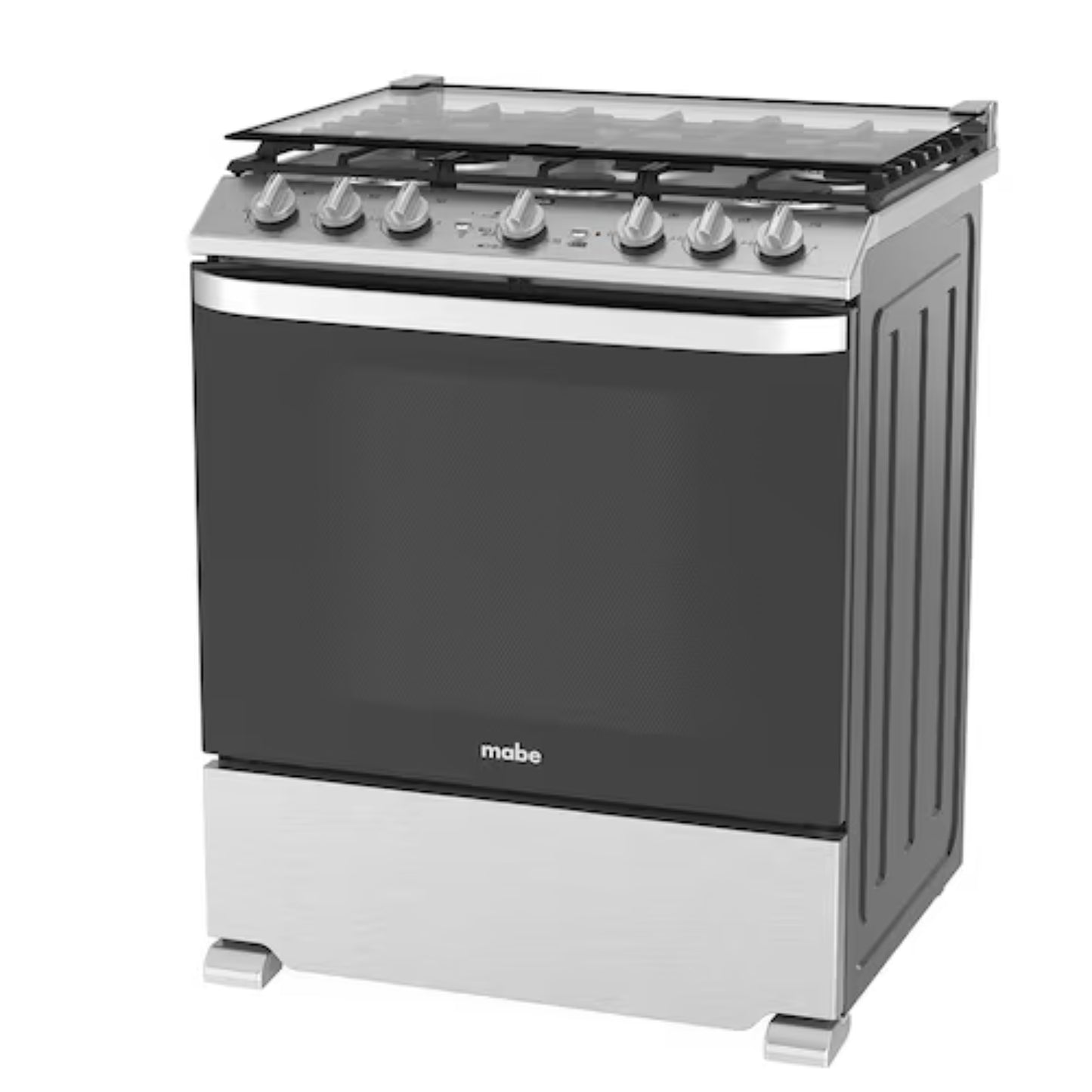 Estufa MABE gris con horno y quemadores, vista frontal en la cocina