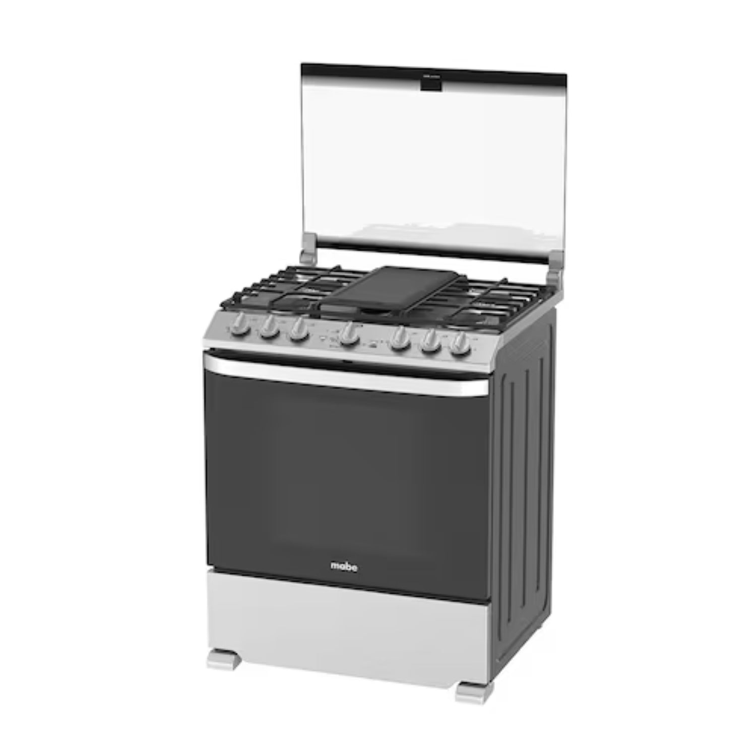 Estufa MABE de gas negra con tapa clara, vista frontal en cocina.