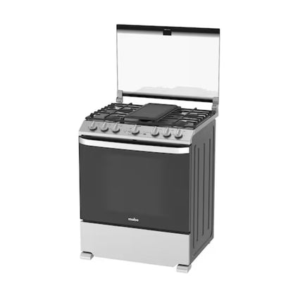 Estufa MABE de gas negra con tapa clara, vista frontal en cocina.
