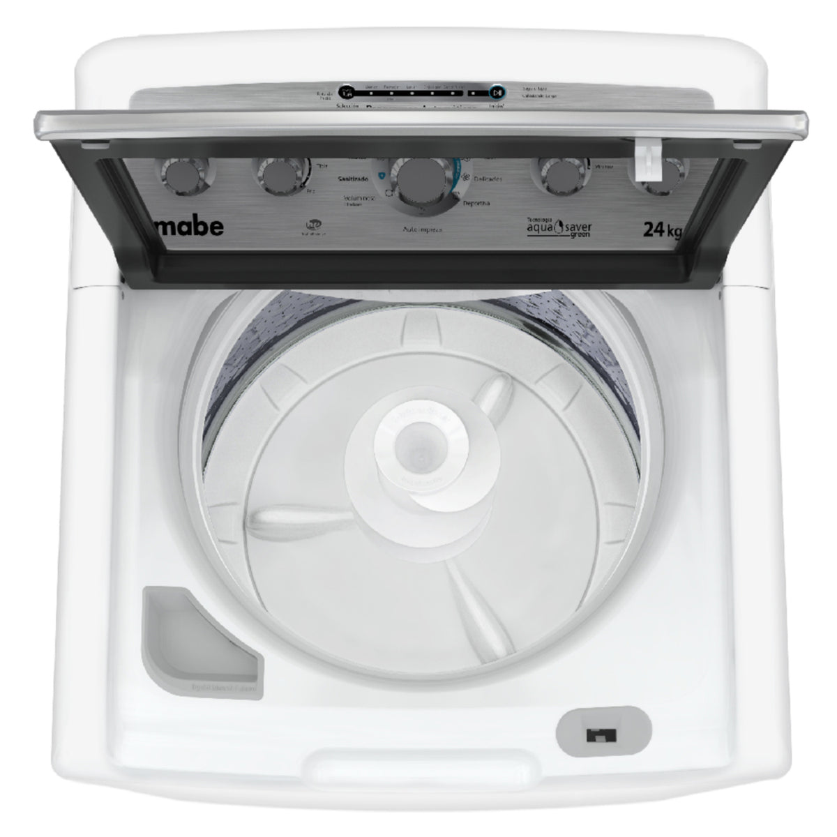lavadora MABE blanca vista superior, capacidad de 24 kg