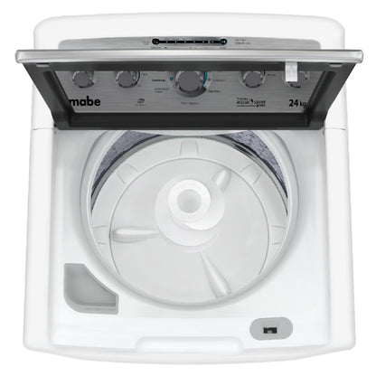 lavadora MABE blanca vista superior, capacidad de 24 kg