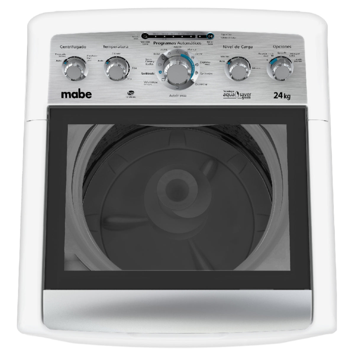 lavadora MABE blanca vista frontal, carga de 24 kg