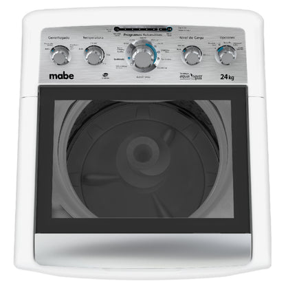 lavadora MABE blanca vista frontal, carga de 24 kg