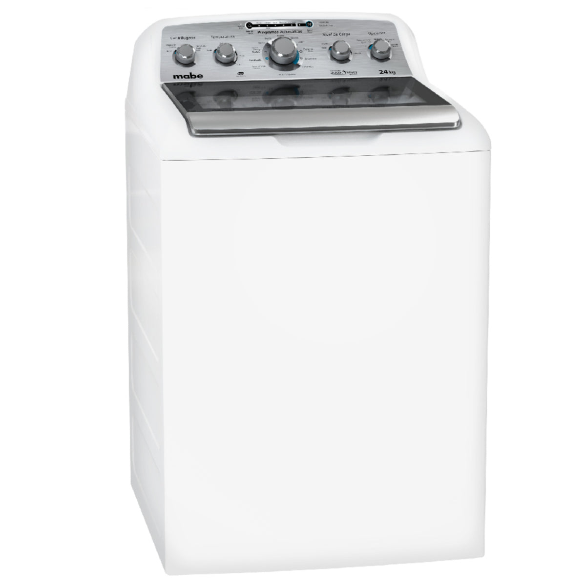 Lavadora MABE blanca, vista frontal, ideal para uso en casa