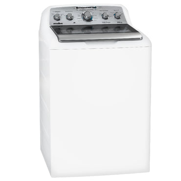 Lavadora MABE blanca, vista frontal, ideal para uso en casa