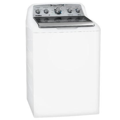 Lavadora MABE blanca, vista frontal, ideal para uso en casa