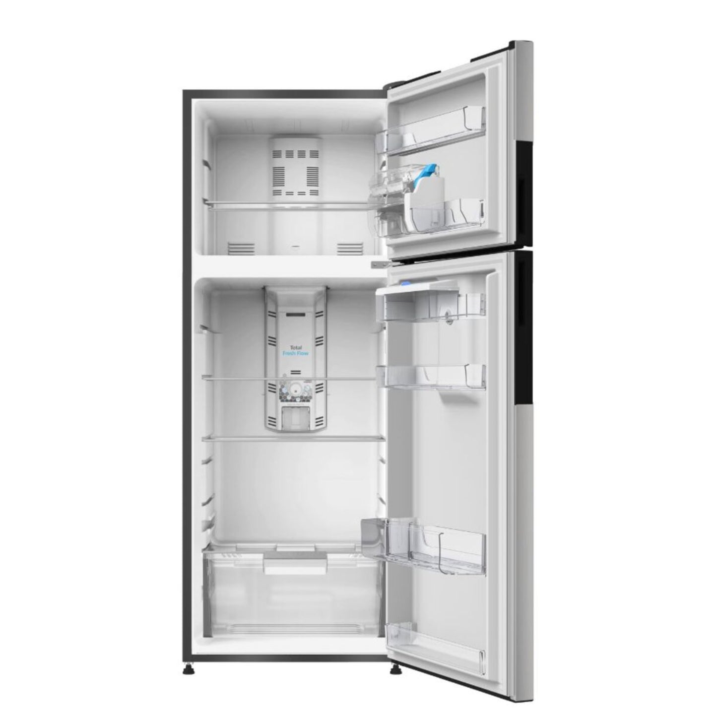Refrigeradora inox con dispensador de agua MABE, diseño elegante y amplio espacio interior.