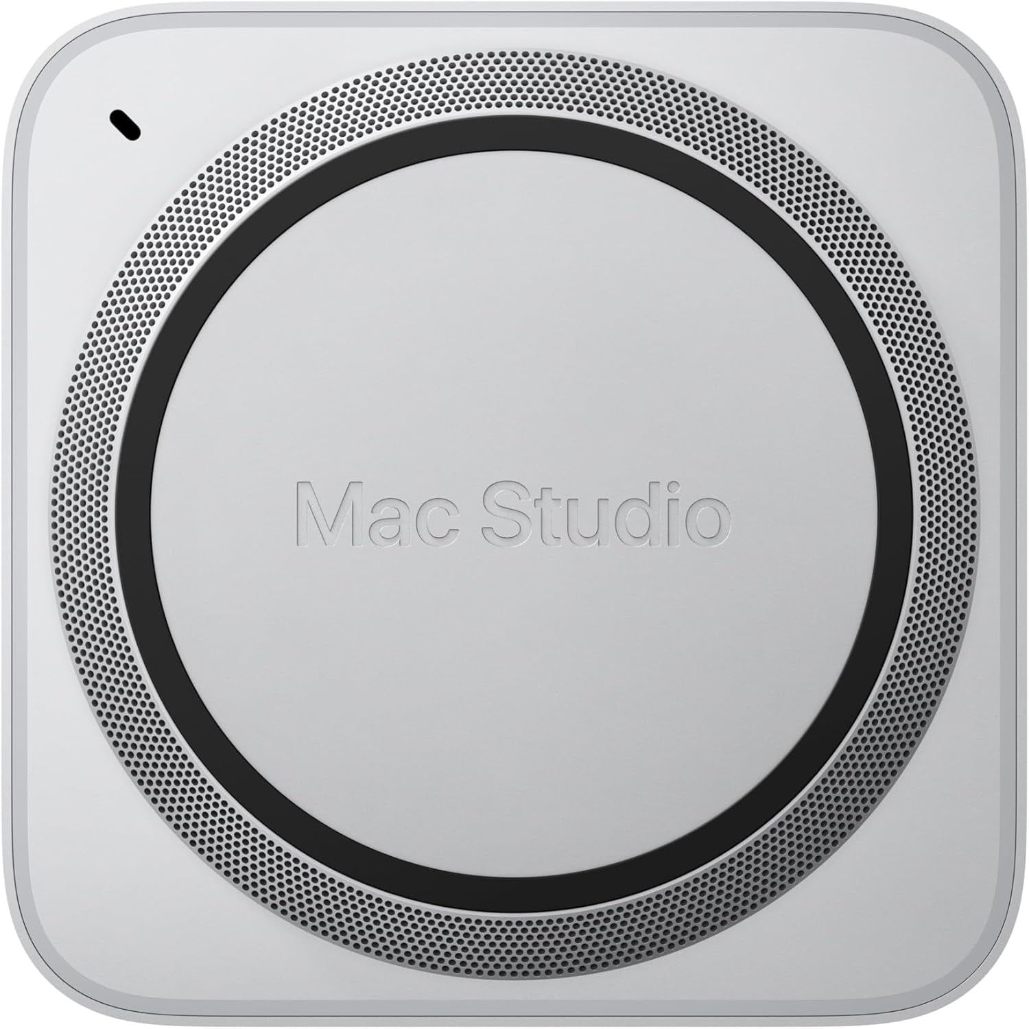 Mac Studio plateado, vista superior, diseño moderno para profesionales creativos