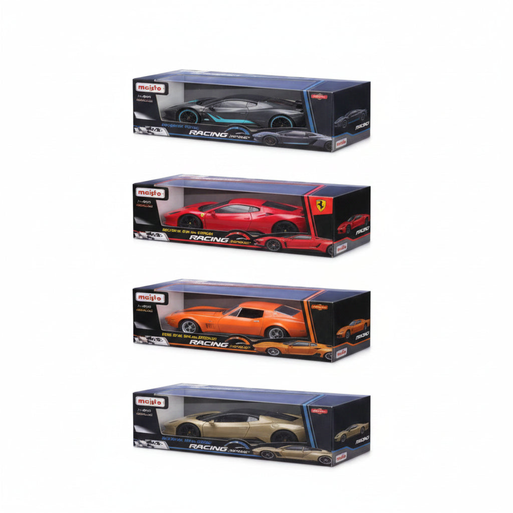 Carr. Maisto, cuatro modelos de coches de carreras en sus cajas, vista frontal