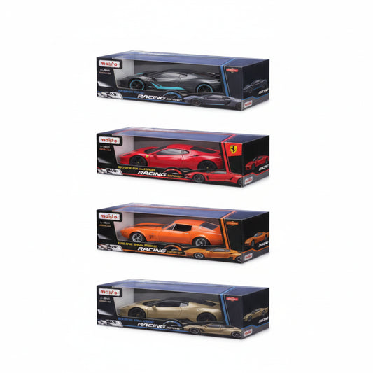 Carr. Maisto, cuatro modelos de coches de carreras en sus cajas, vista frontal